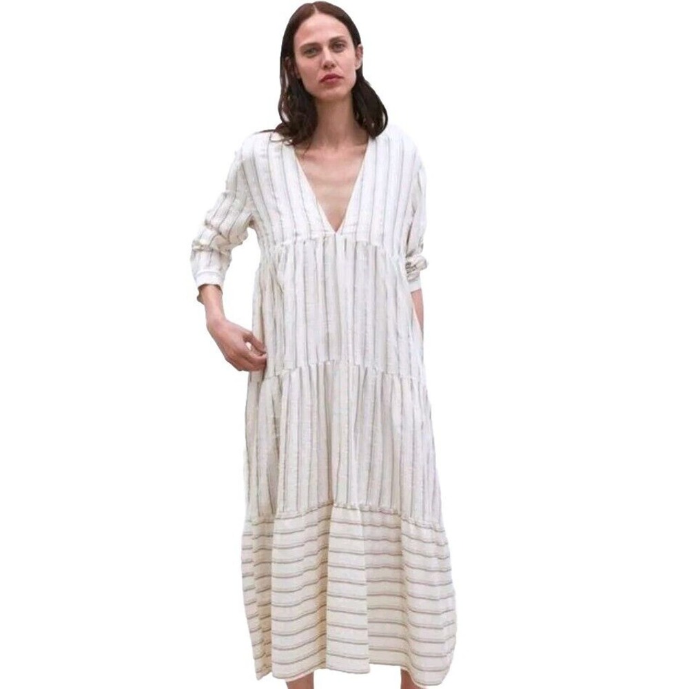 SOLD Zara Small Women White Maxi Dress Tiered Long Bohemian Striped Romantic - Picture 15 of 15